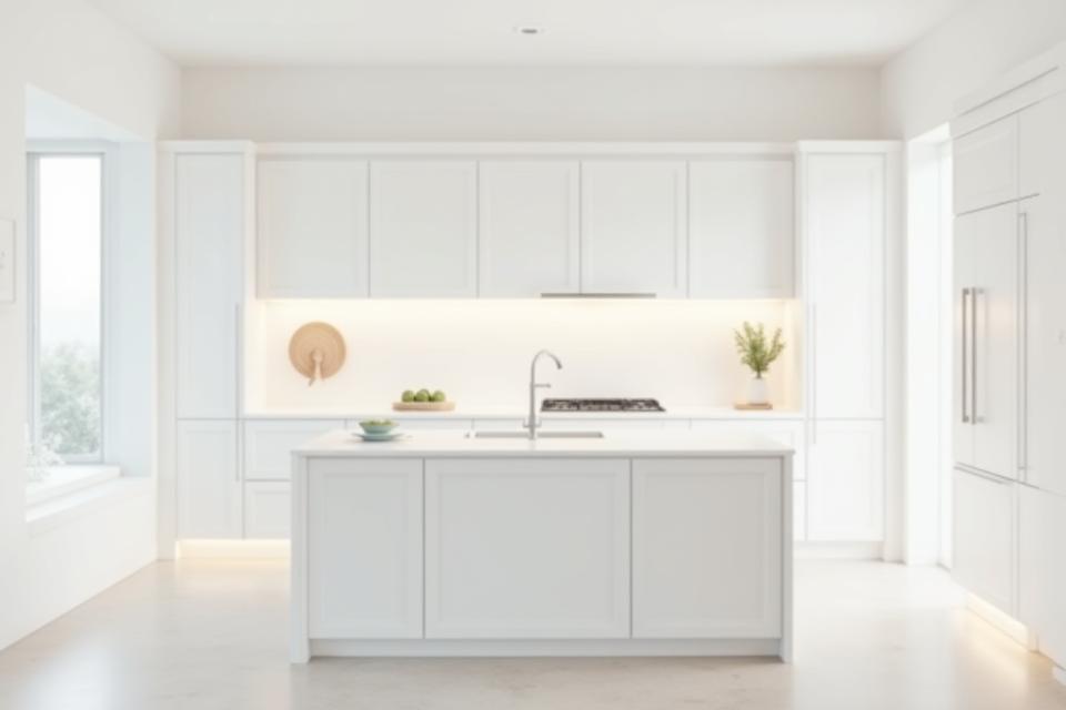 Completed modern kitchen project with white cabinets and island