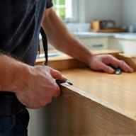 Installer working on kitchen cabinets